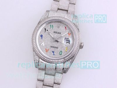 Iced Out Rolex Datejust Colored Arabic Numerals Replica Watch